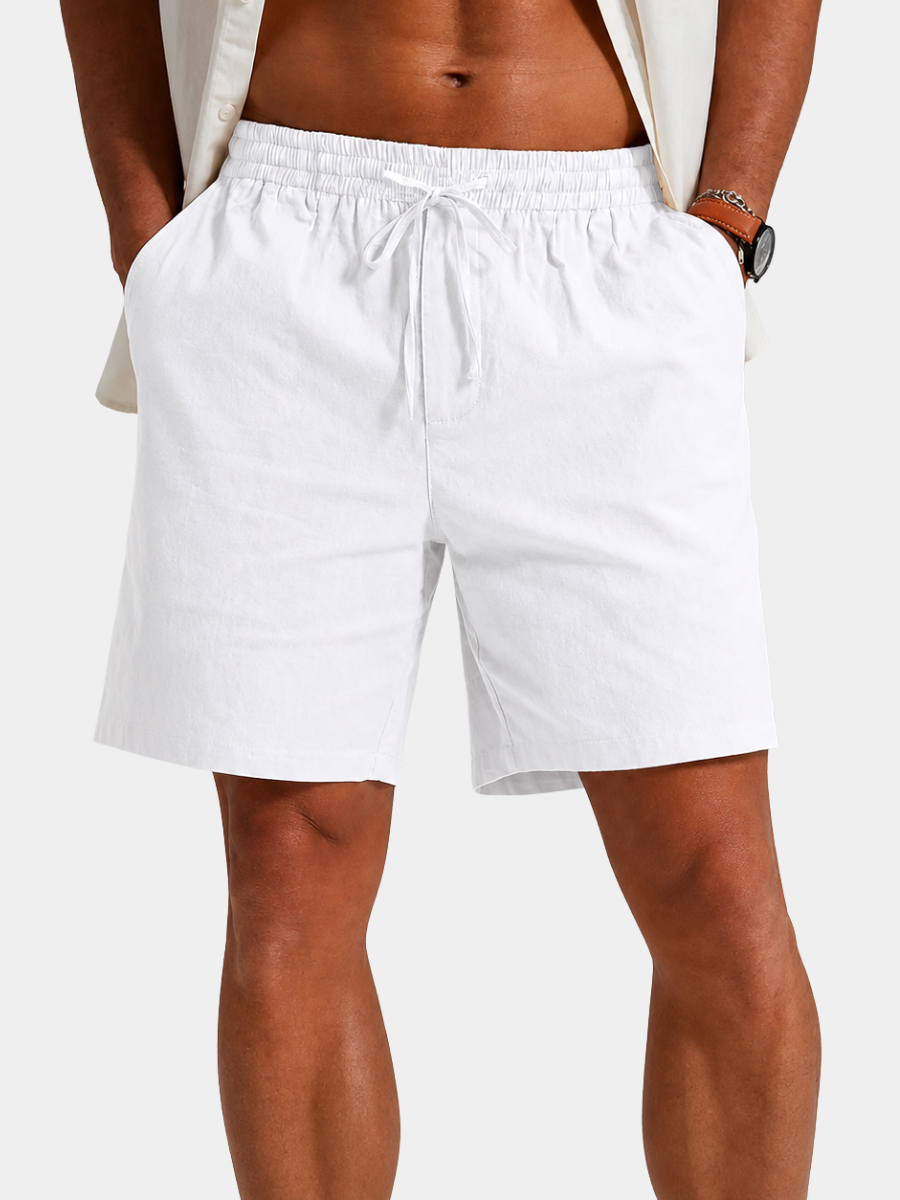 Men's white cotton linen shorts with a drawstring waist