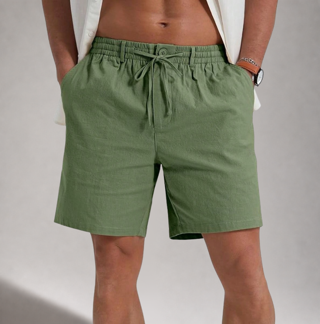 Men's beige cotton linen shorts with a drawstring waist