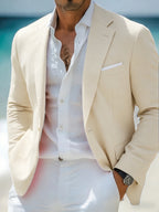 Men's beige single breasted blazer with a structured lapel collar