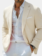Men's beige single breasted blazer with a structured lapel collar