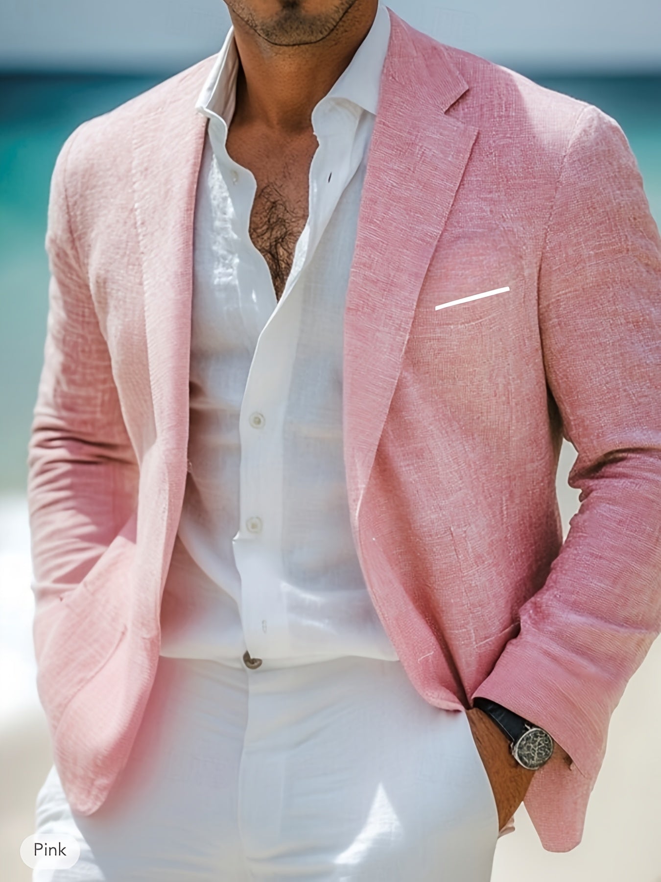 Men's beige single breasted blazer with a structured lapel collar