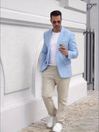 Men's blue single breasted blazer with a structured lapel collar