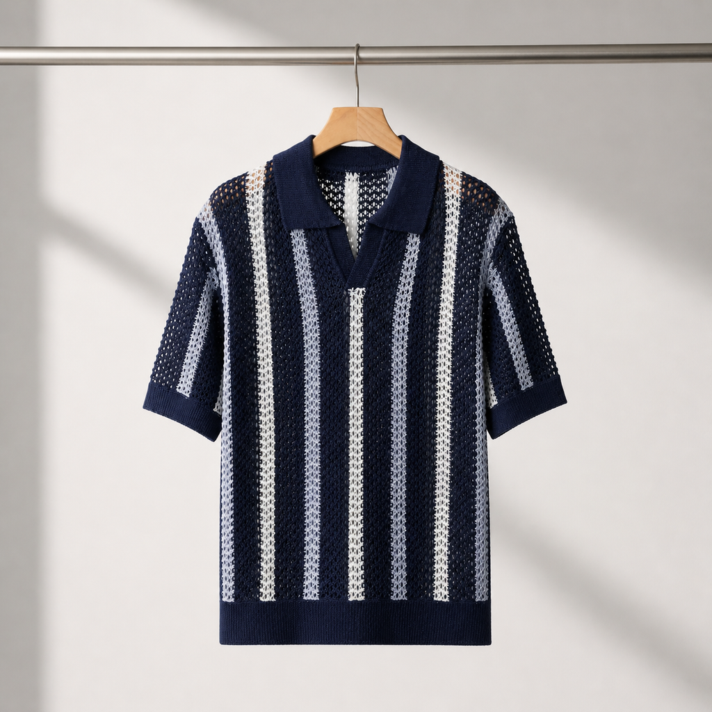 Men's navy blue open knit polo shirt with a structured collar