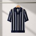 Men's navy blue open knit polo shirt with a structured collar