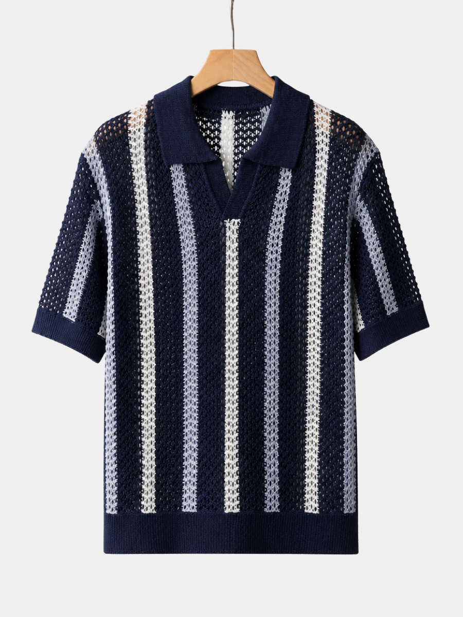 Men's navy blue open knit polo shirt with a structured collar