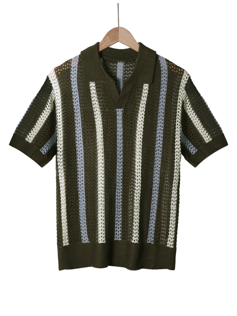 Men's navy blue open knit polo shirt with a structured collar