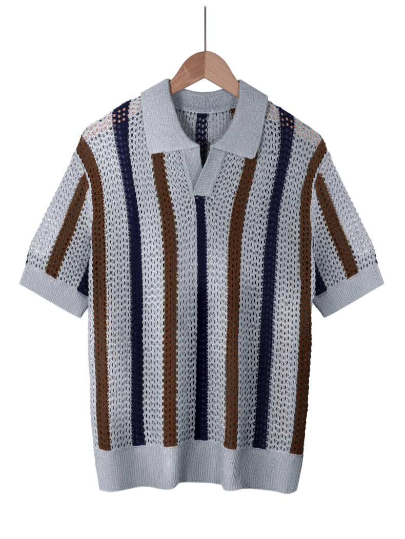 Men's navy blue open knit polo shirt with a structured collar