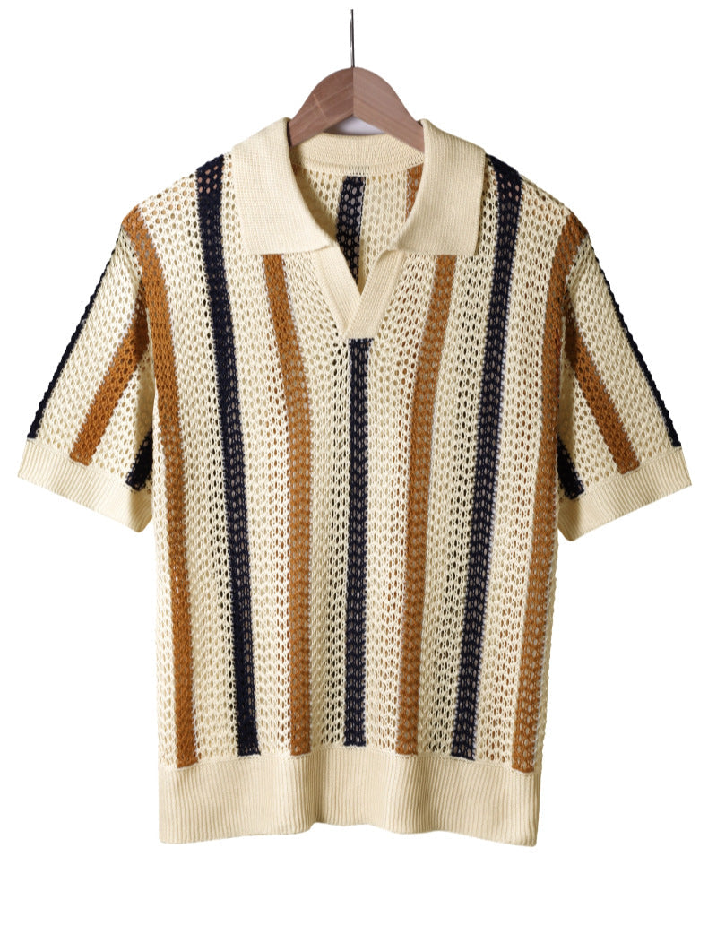 Men's navy blue open knit polo shirt with a structured collar
