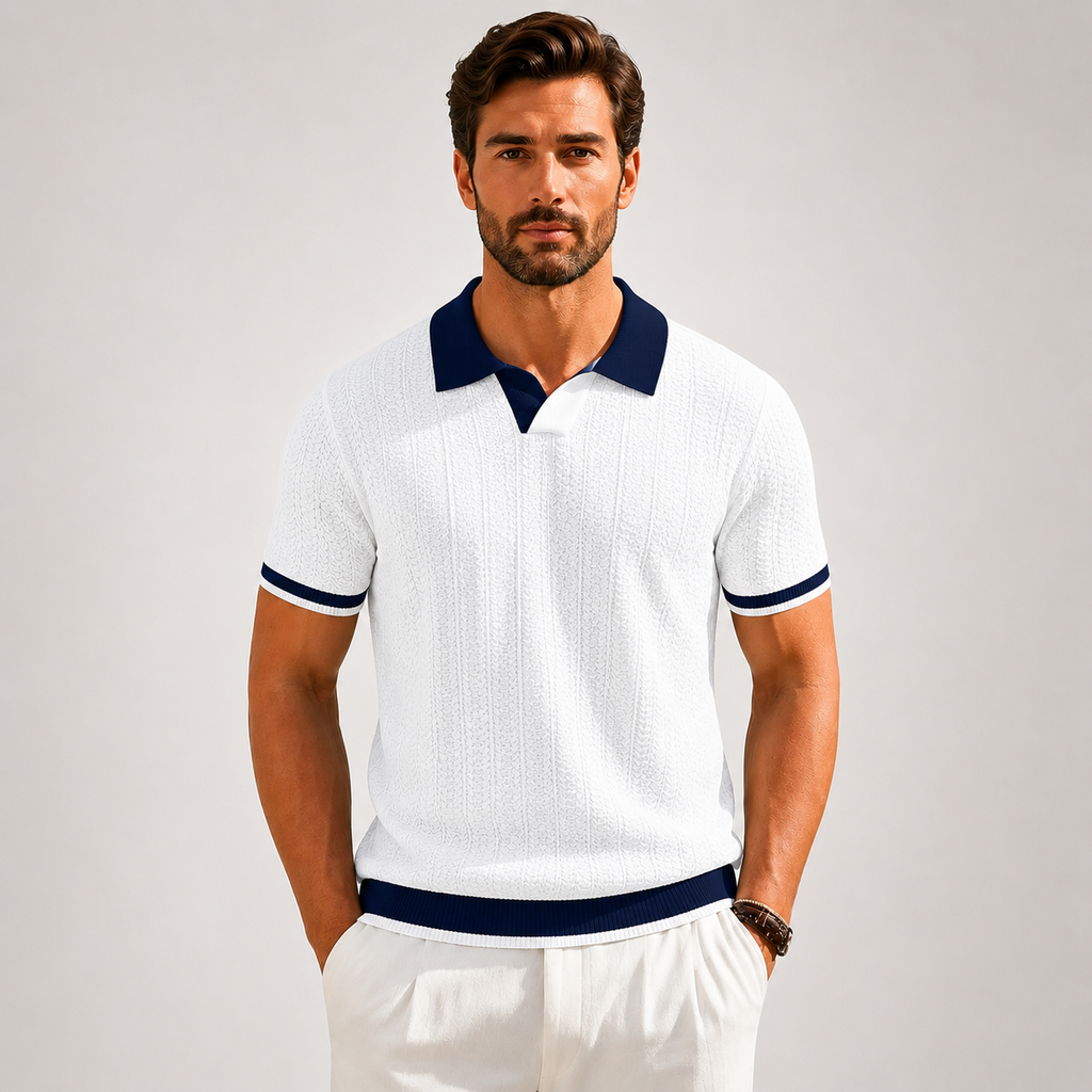 Men's white textured knit polo shirt with contrast trim