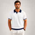 Men's white textured knit polo shirt with contrast trim