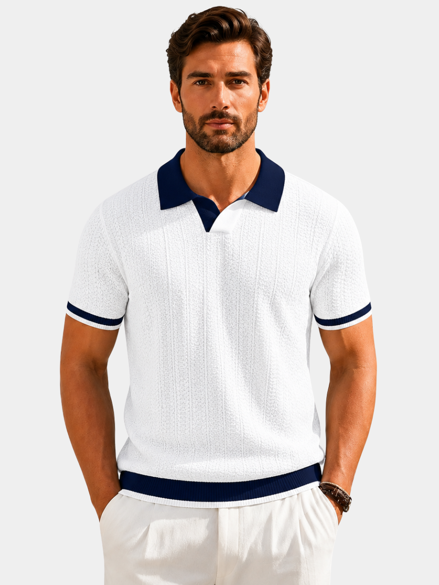 Men's white textured knit polo shirt with contrast trim