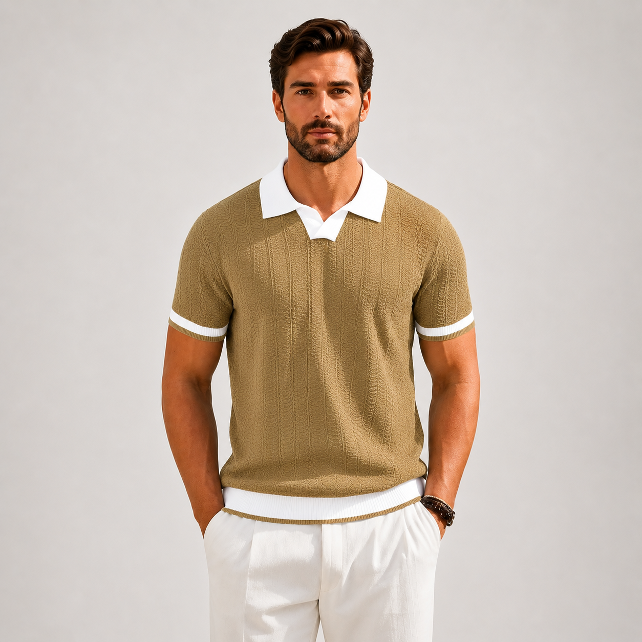 Men's white textured knit polo shirt with contrast trim