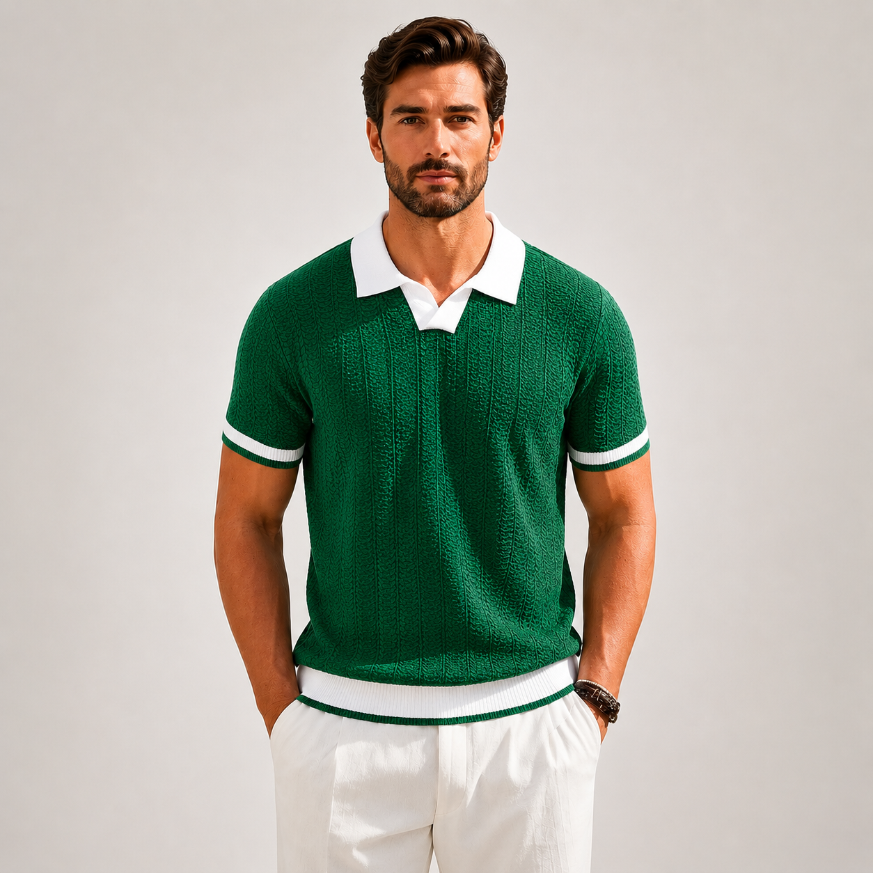 Men's white textured knit polo shirt with contrast trim
