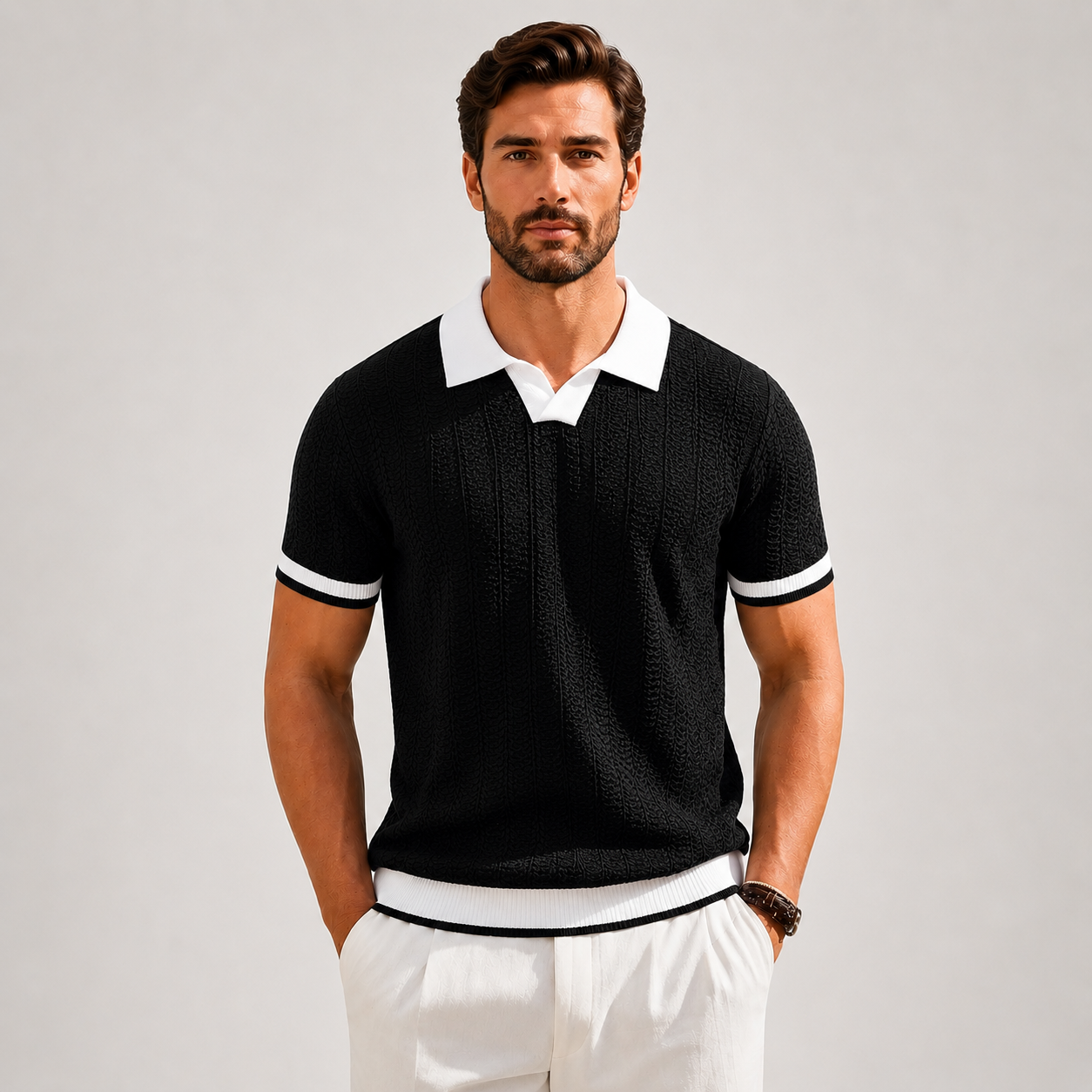 Men's white textured knit polo shirt with contrast trim