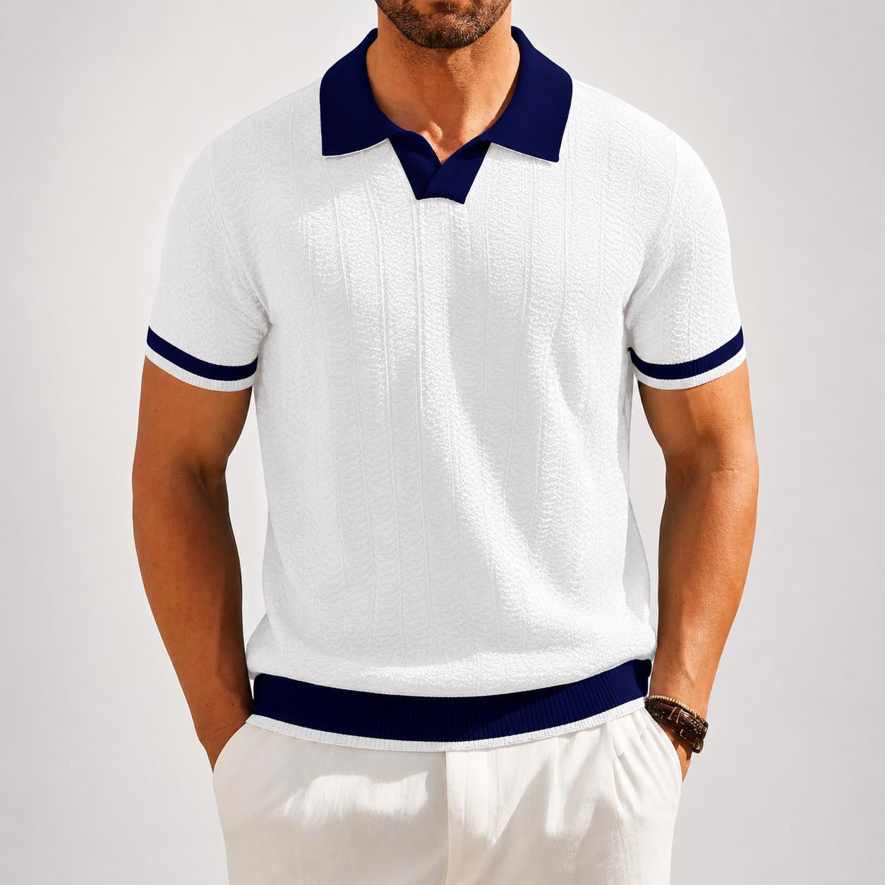 Men's brown textured knit polo shirt with contrast trim