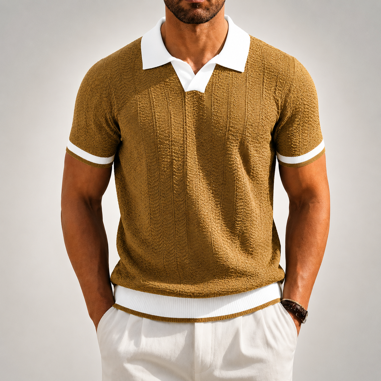 Men's brown textured knit polo shirt with contrast trim