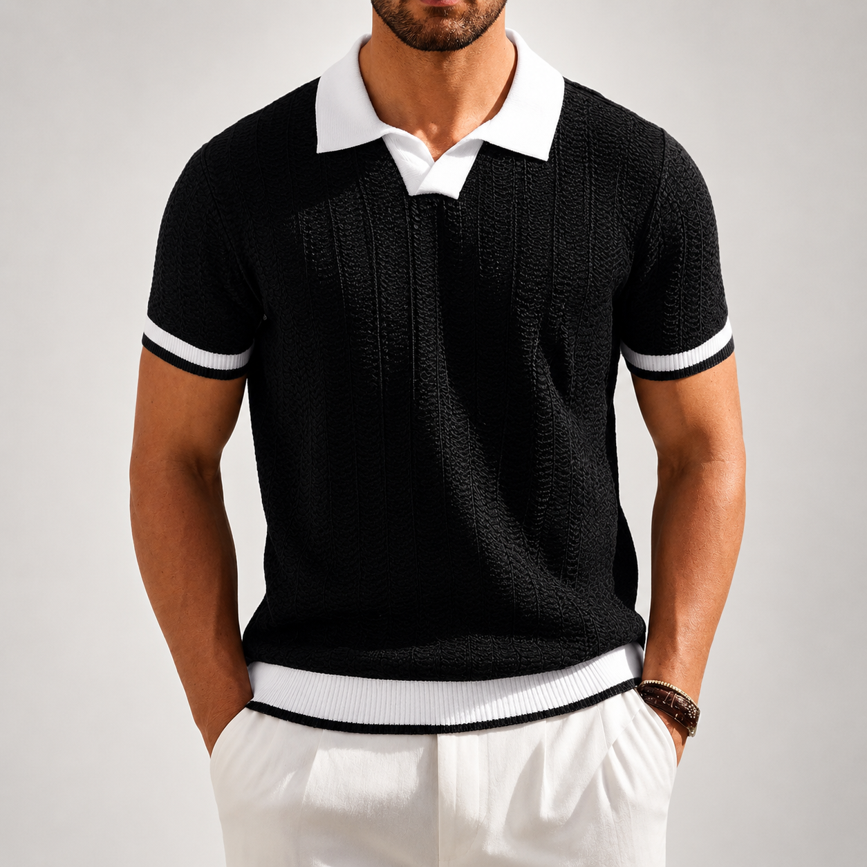 Men's brown textured knit polo shirt with contrast trim