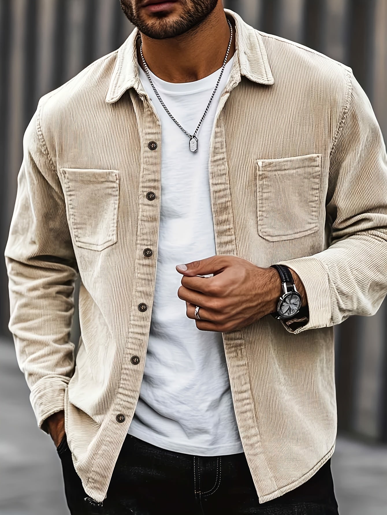 Men's beige corduroy overshirt with a lapel collar