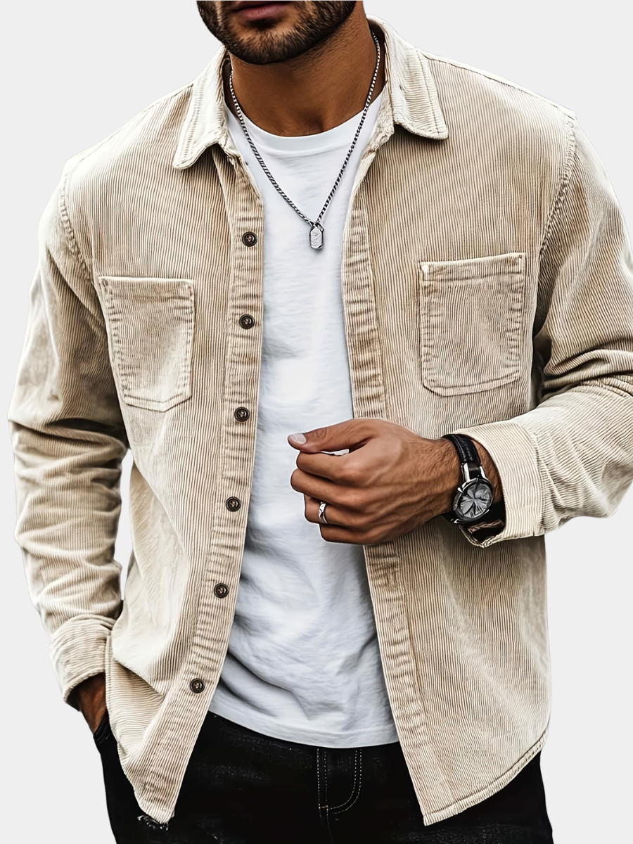Men's beige corduroy overshirt with a lapel collar