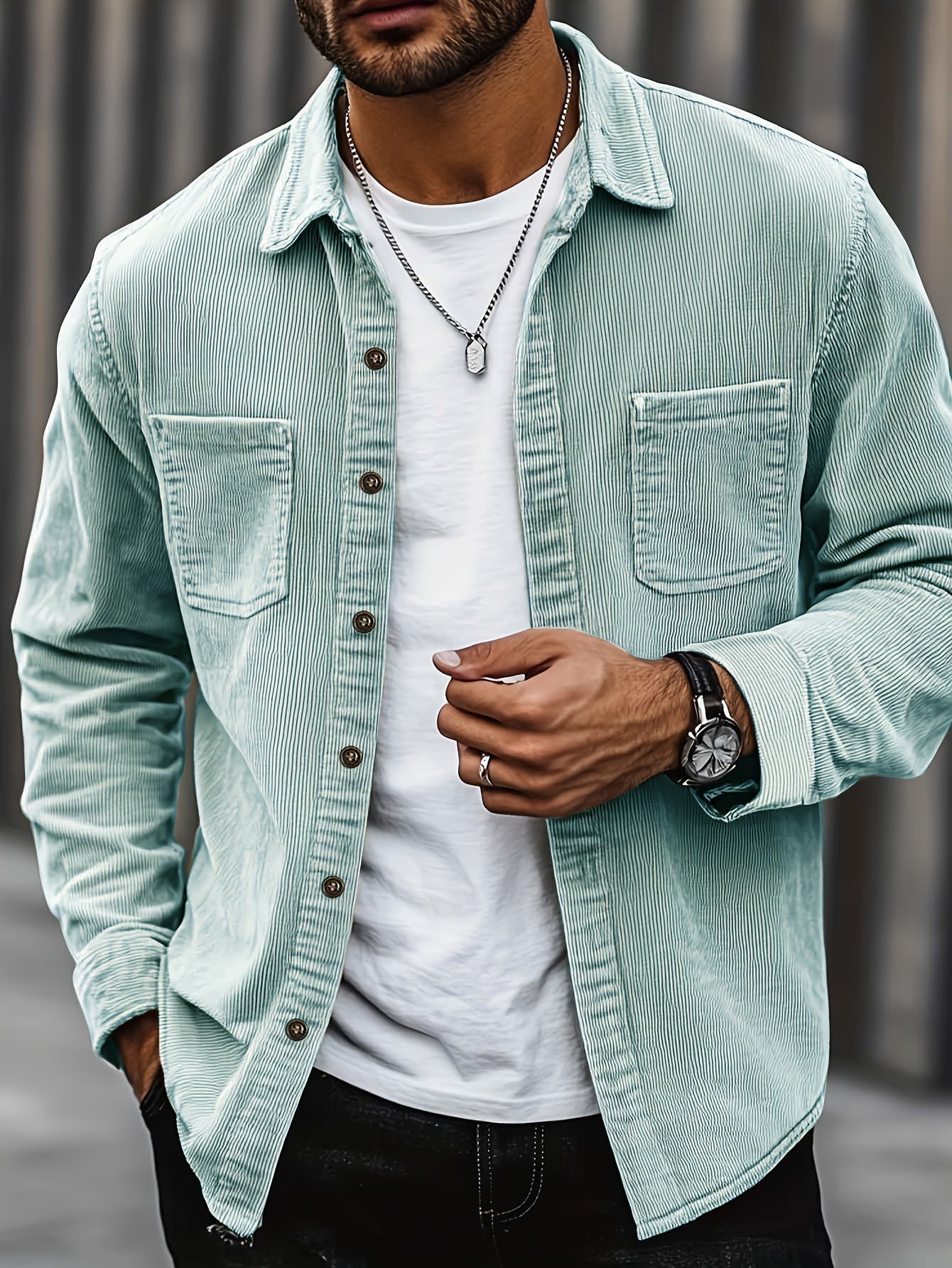 Men's beige corduroy overshirt with a lapel collar