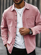 Men's beige corduroy overshirt with a lapel collar