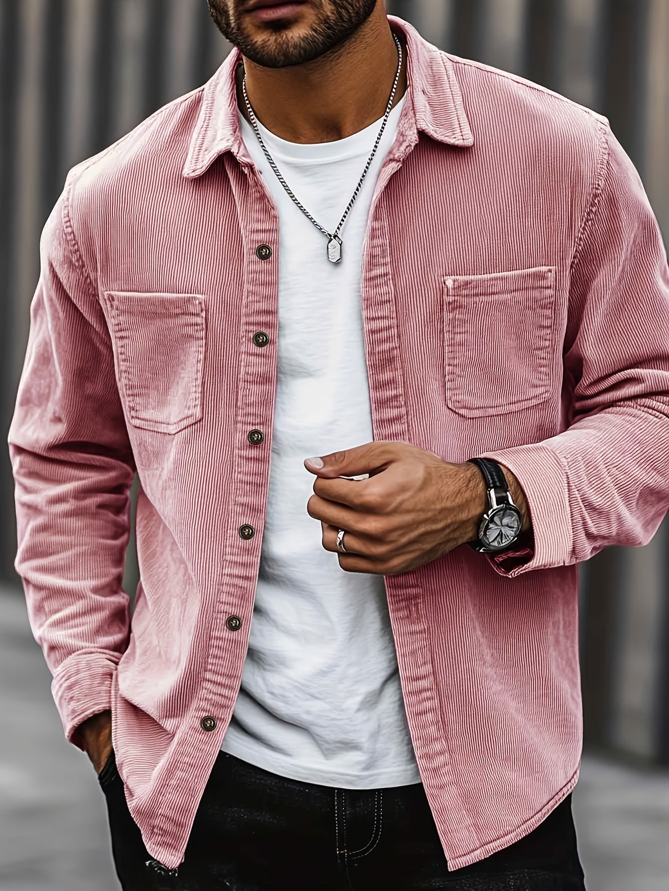 Men's beige corduroy overshirt with a lapel collar