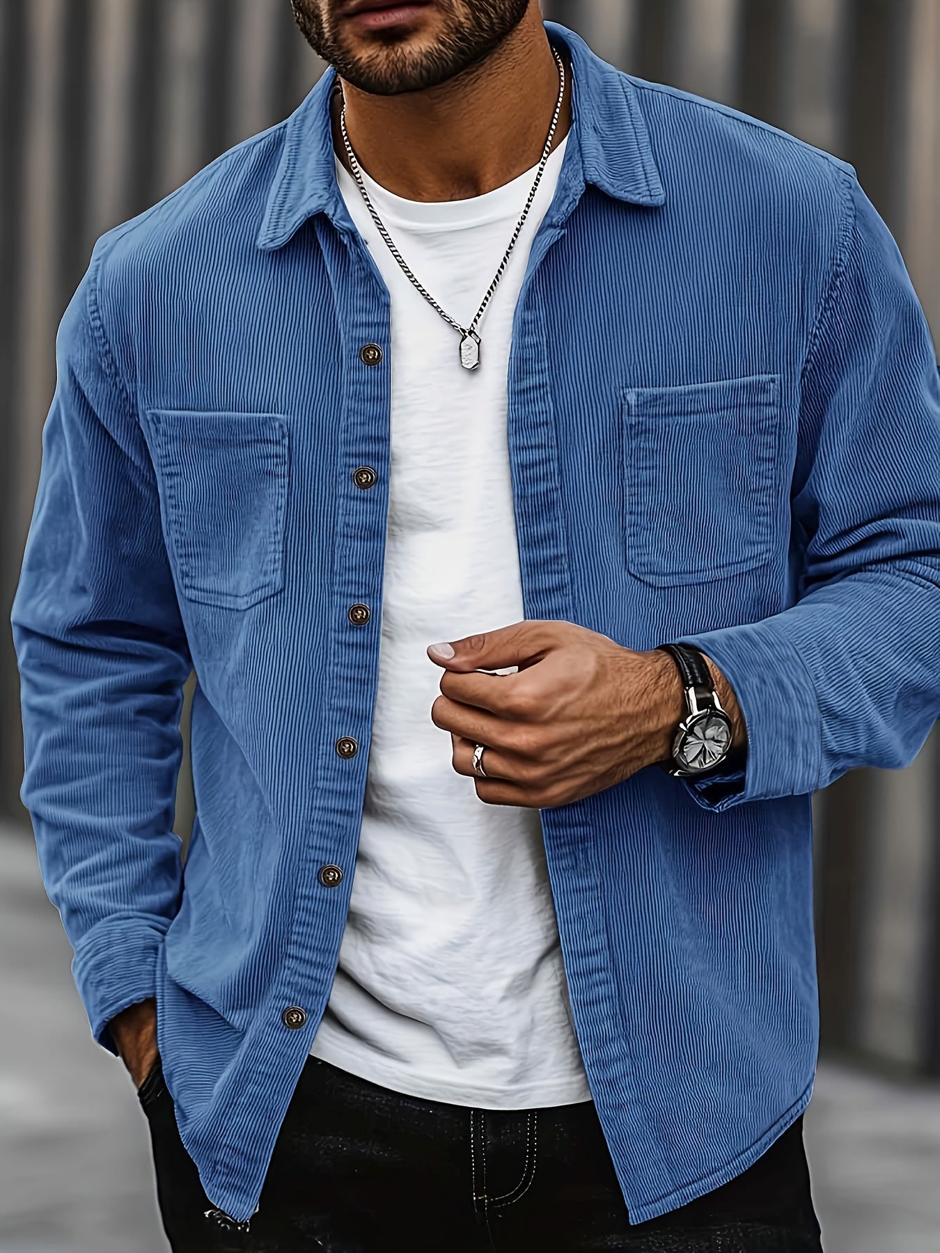 Men's beige corduroy overshirt with a lapel collar