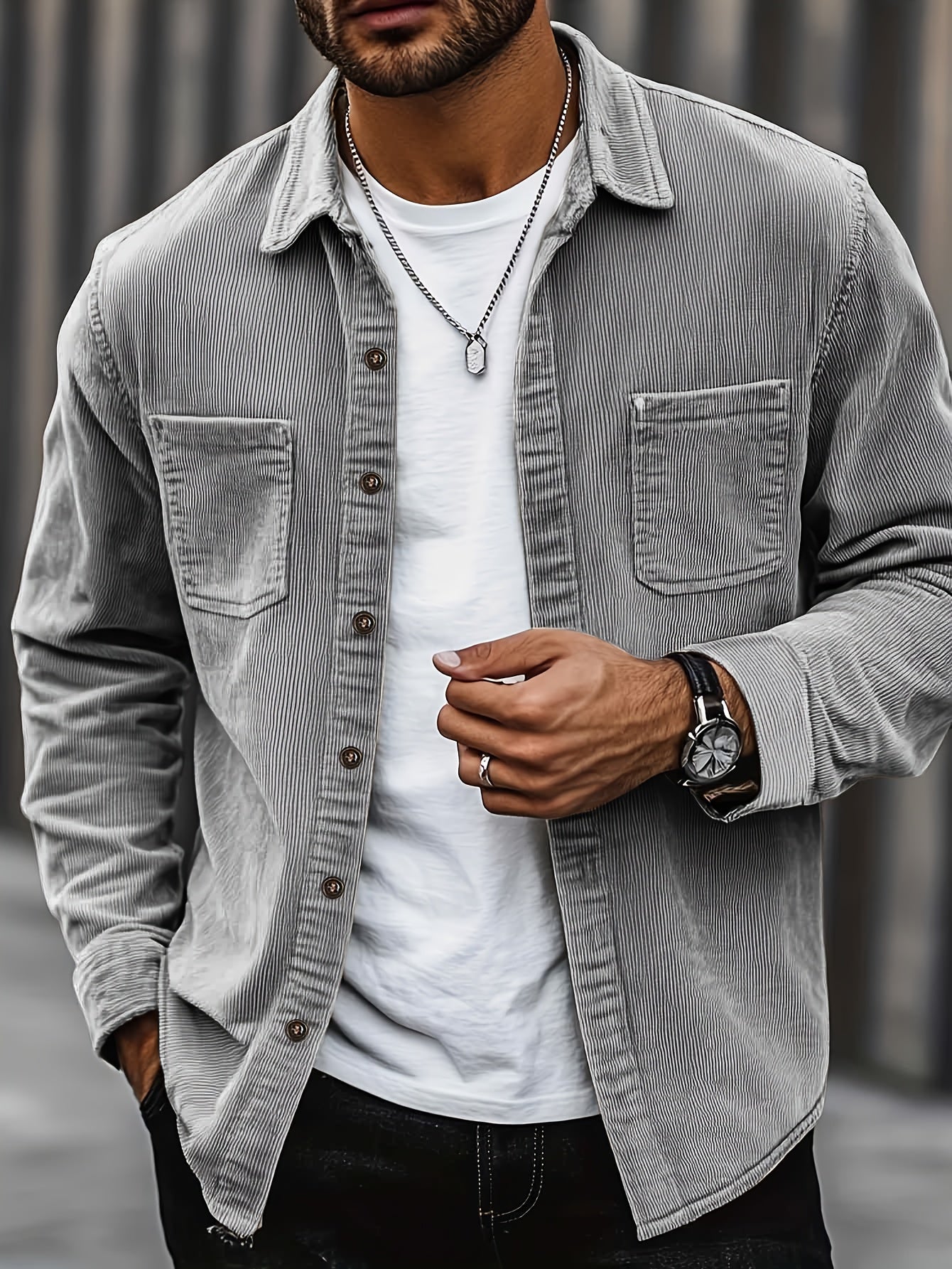 Men's light green corduroy overshirt with a lapel collar