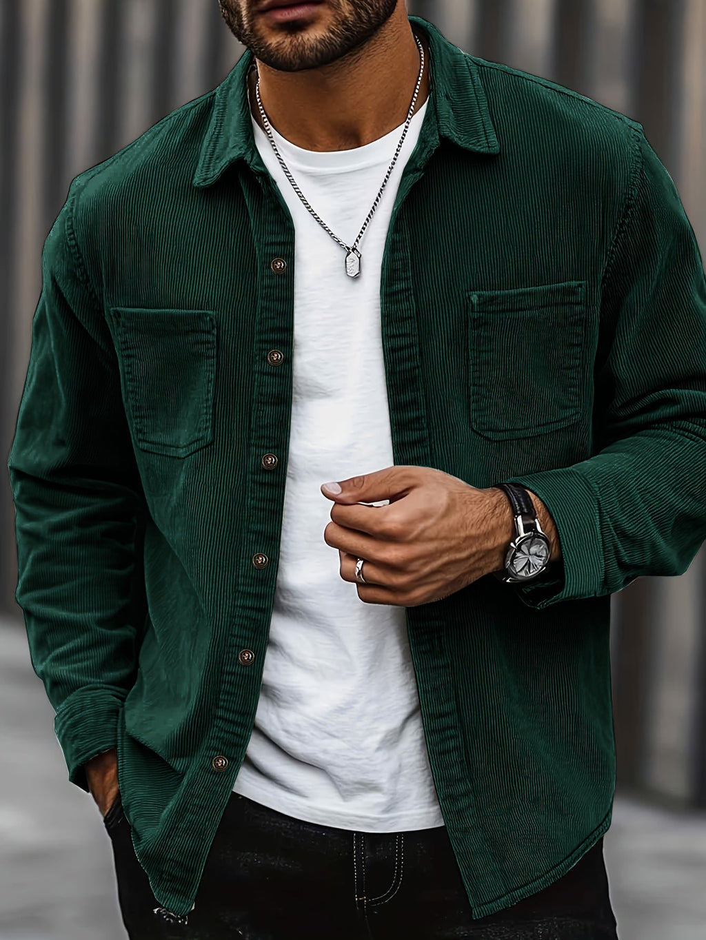 Men's light green corduroy overshirt with a lapel collar
