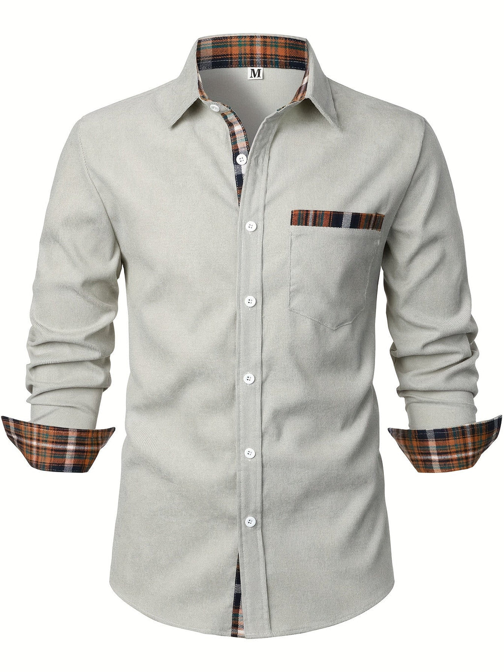 Men's light grey corduroy check overshirt with long sleeves