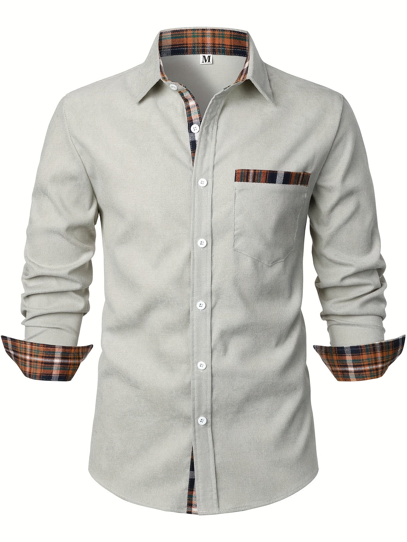 Men's light grey corduroy check overshirt with long sleeves