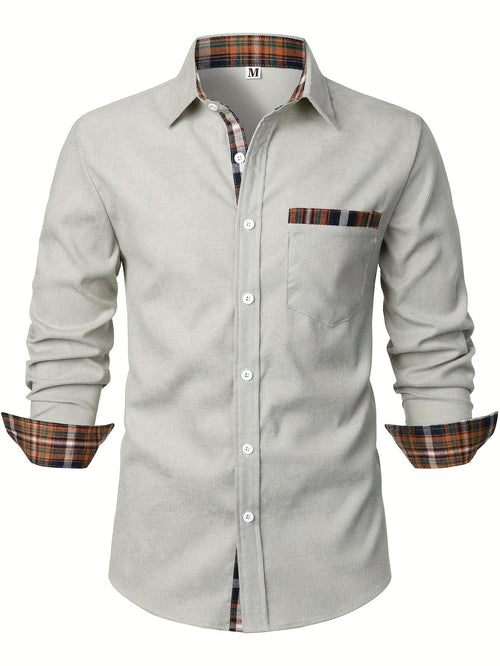 Men's light grey corduroy check overshirt with long sleeves