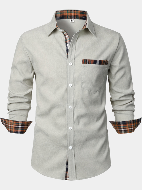 Men's light grey corduroy check overshirt with long sleeves