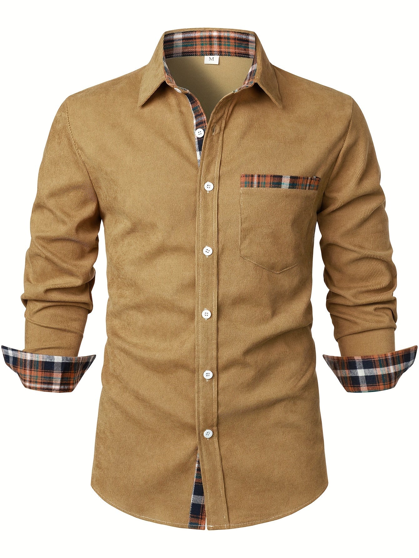 Men's light grey corduroy check overshirt with long sleeves