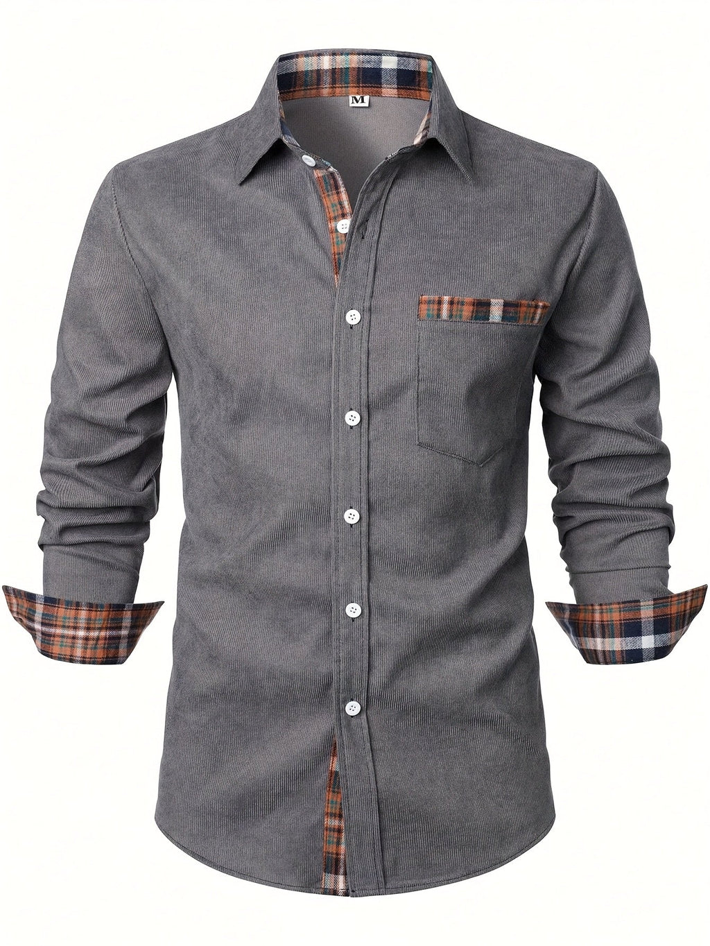 Men's green corduroy check overshirt with long sleeves