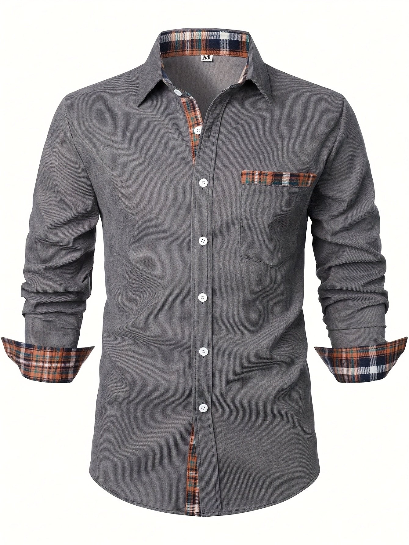 Men's green corduroy check overshirt with long sleeves