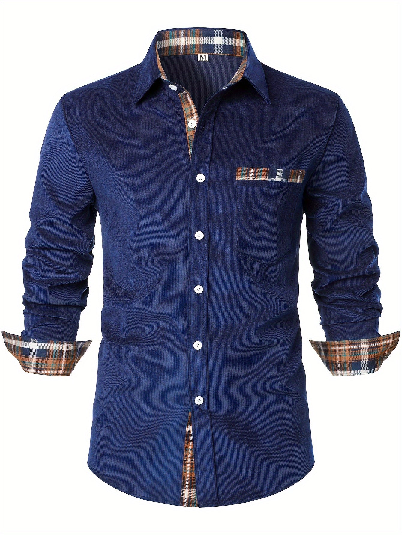 Men's green corduroy check overshirt with long sleeves