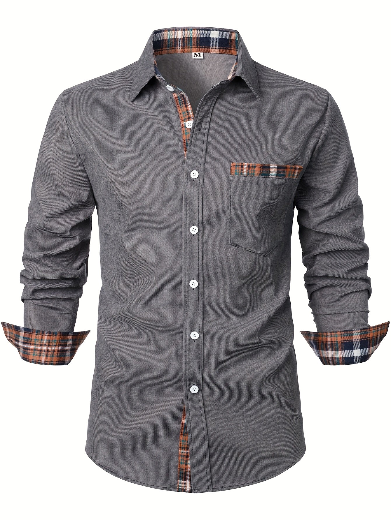 Men's green corduroy check overshirt with long sleeves