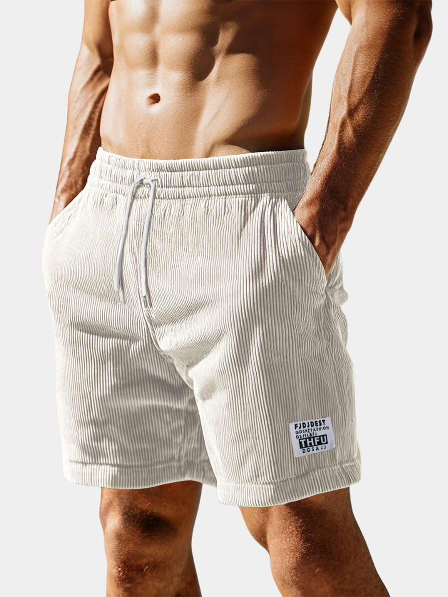 Men's white corduroy shorts with an elastic waist