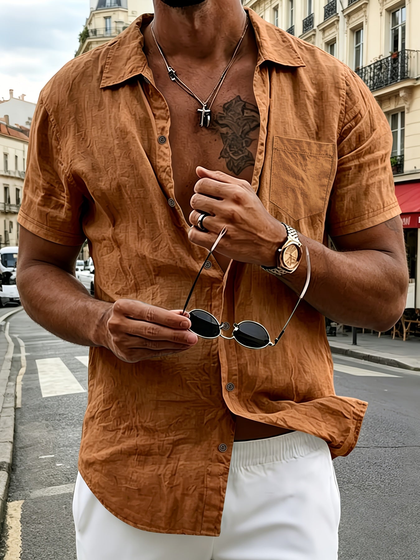 Men's white short sleeve cotton henley top