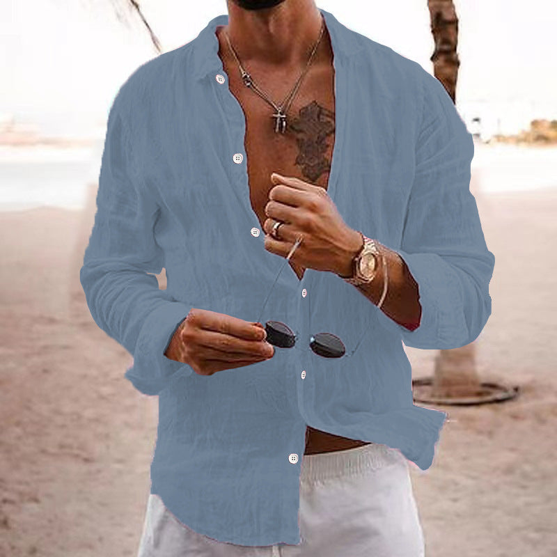 Men's beige short sleeve cotton henley top