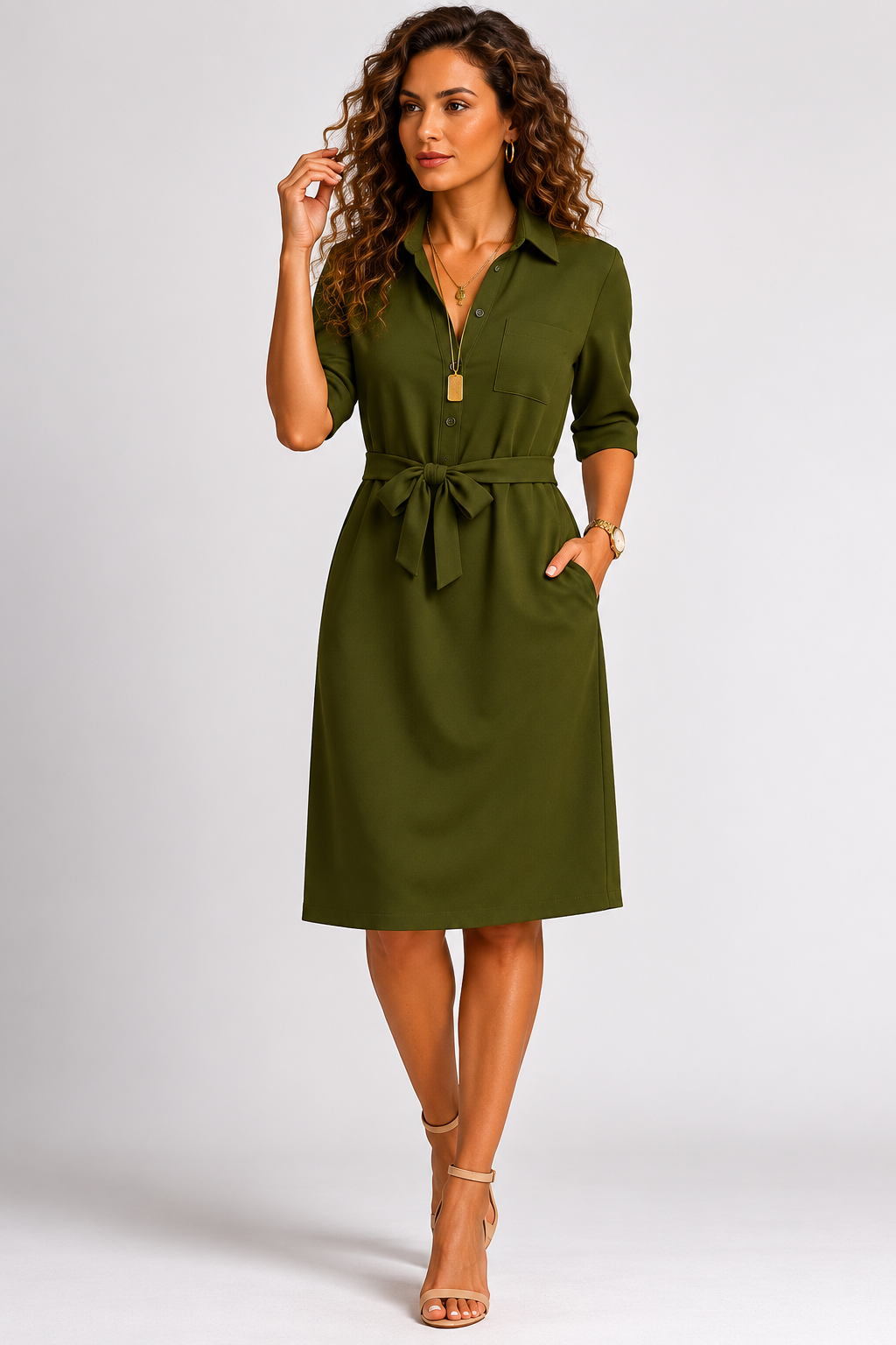 Woman wearing a green dress with a white background