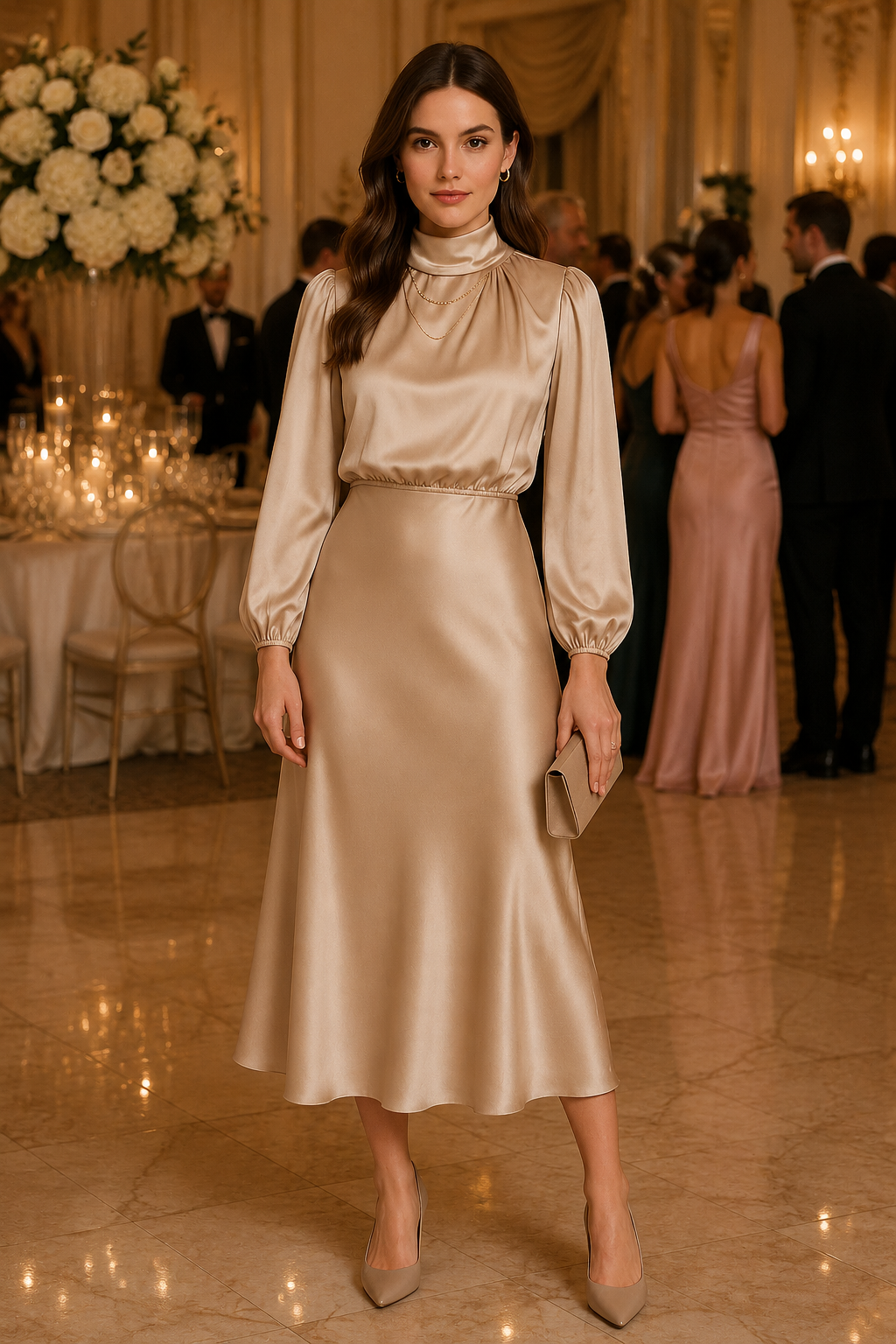 Woman in a gold satin dress standing in an elegant indoor setting with tables and guests.