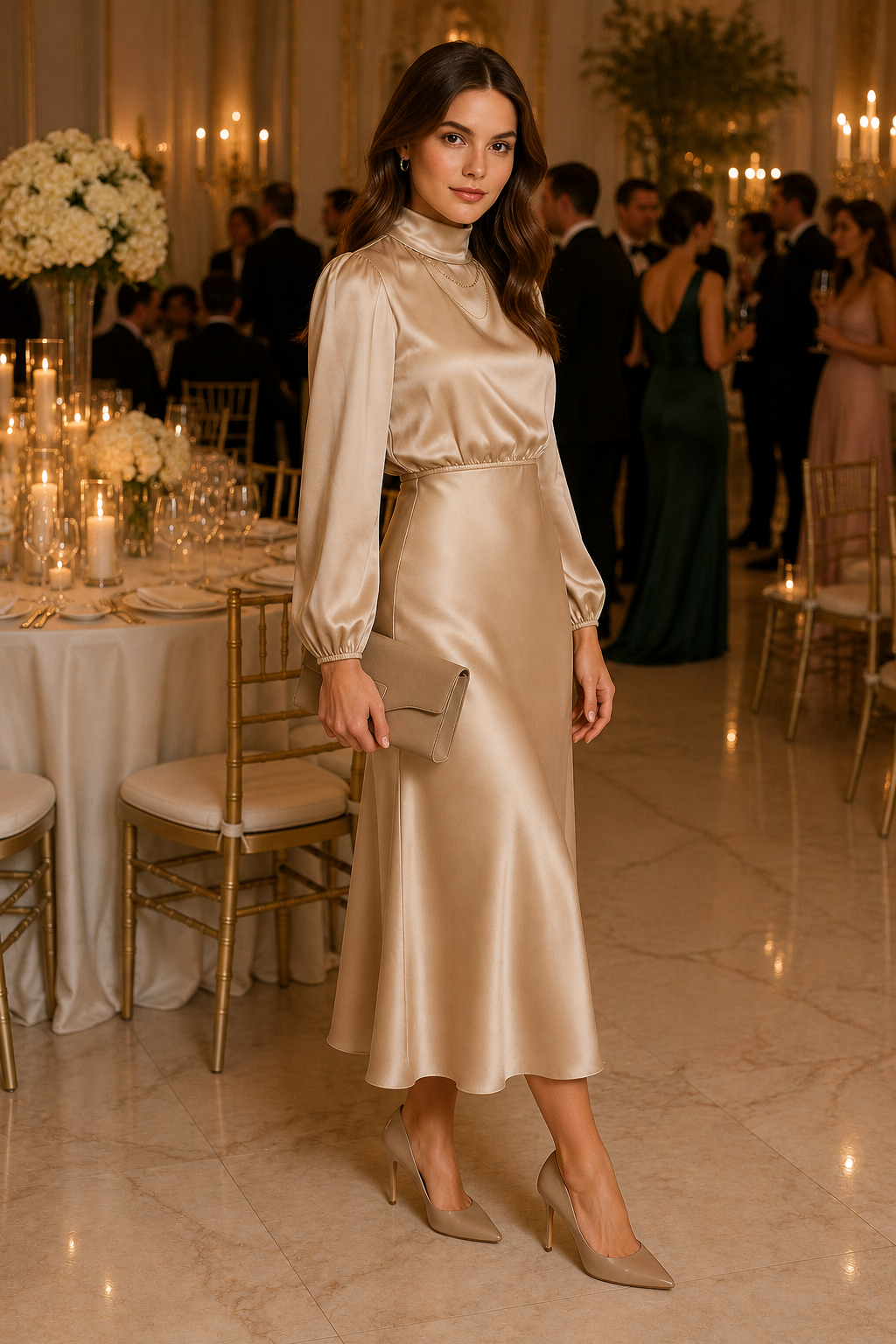 Woman in a satin dress standing in a formal event setting with tables and guests.
