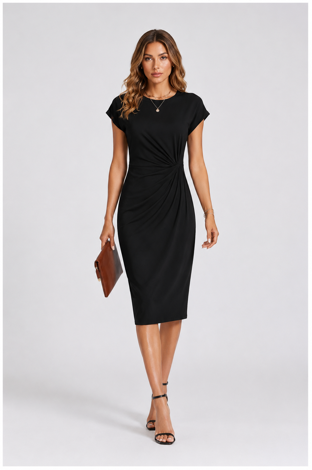Woman wearing a black dress on a white background
