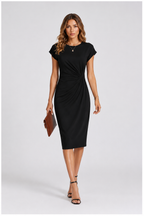 Woman wearing a black dress on a white background