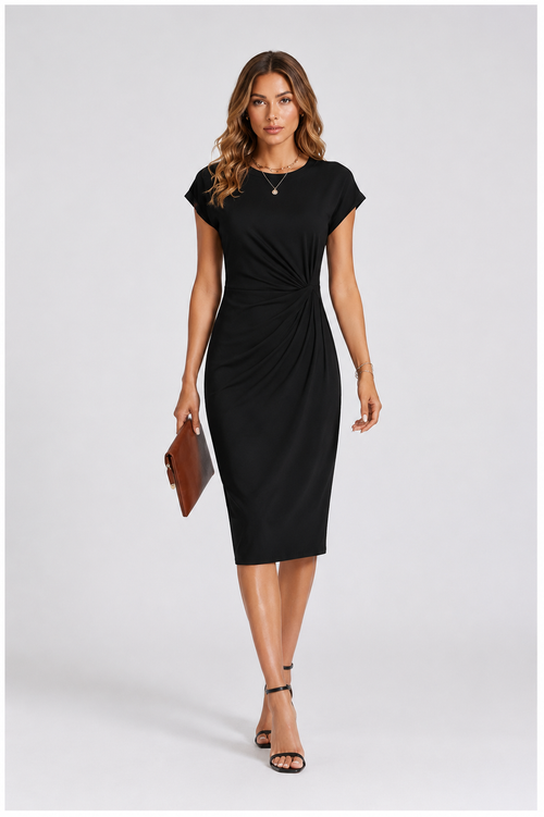Woman wearing a black dress on a white background