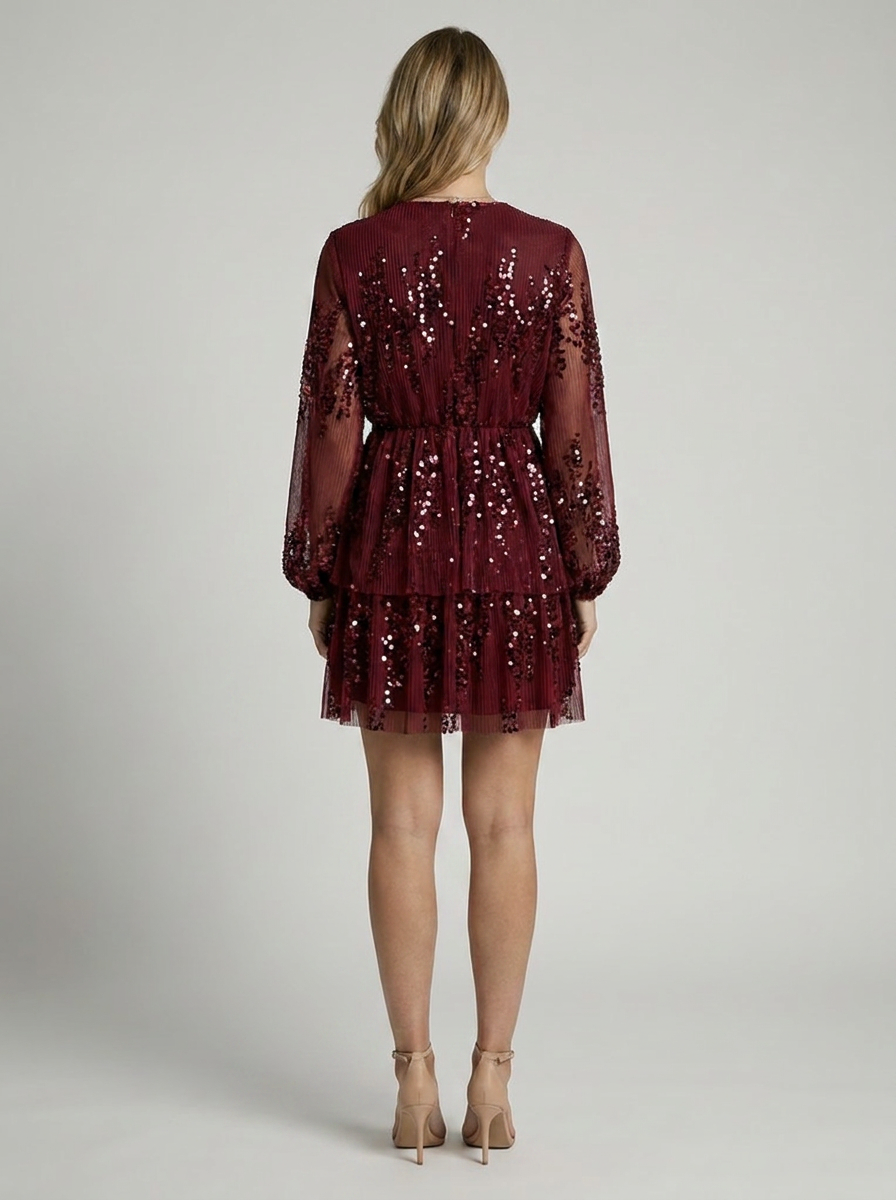 Women's sequin party dress with a V-neck and long sleeves