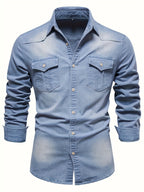 Men's light blue long sleeve denim shirt with a lapel collar