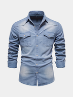 Men's light blue long sleeve denim shirt with a lapel collar